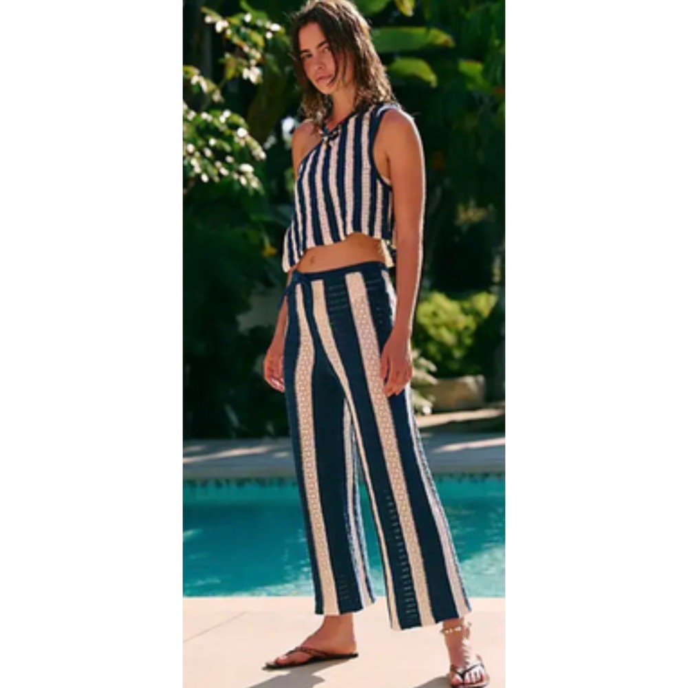 Free People Crochet Knit 2 Piece Set One Shoulder Top Wide Leg Pants Navy XS